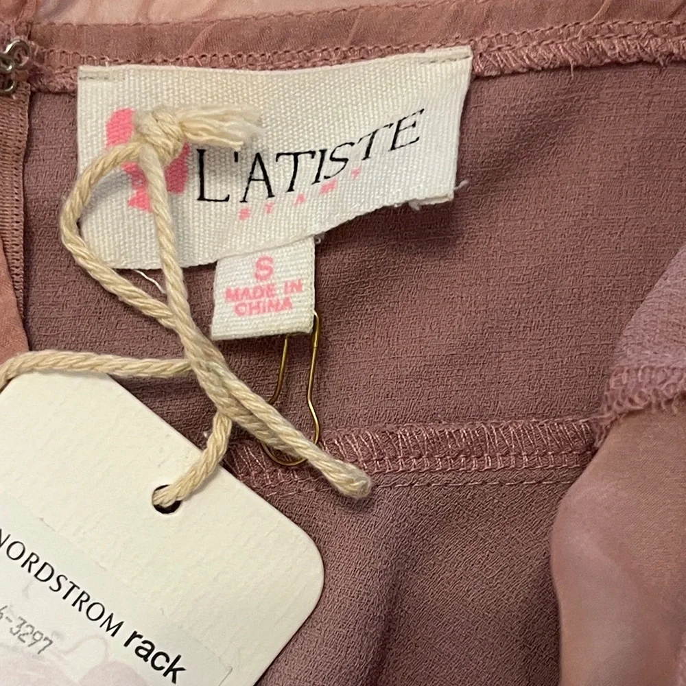 L'ATISTE Mauve Dress with Sheer Pink Sleeves - Picture 3 of 10